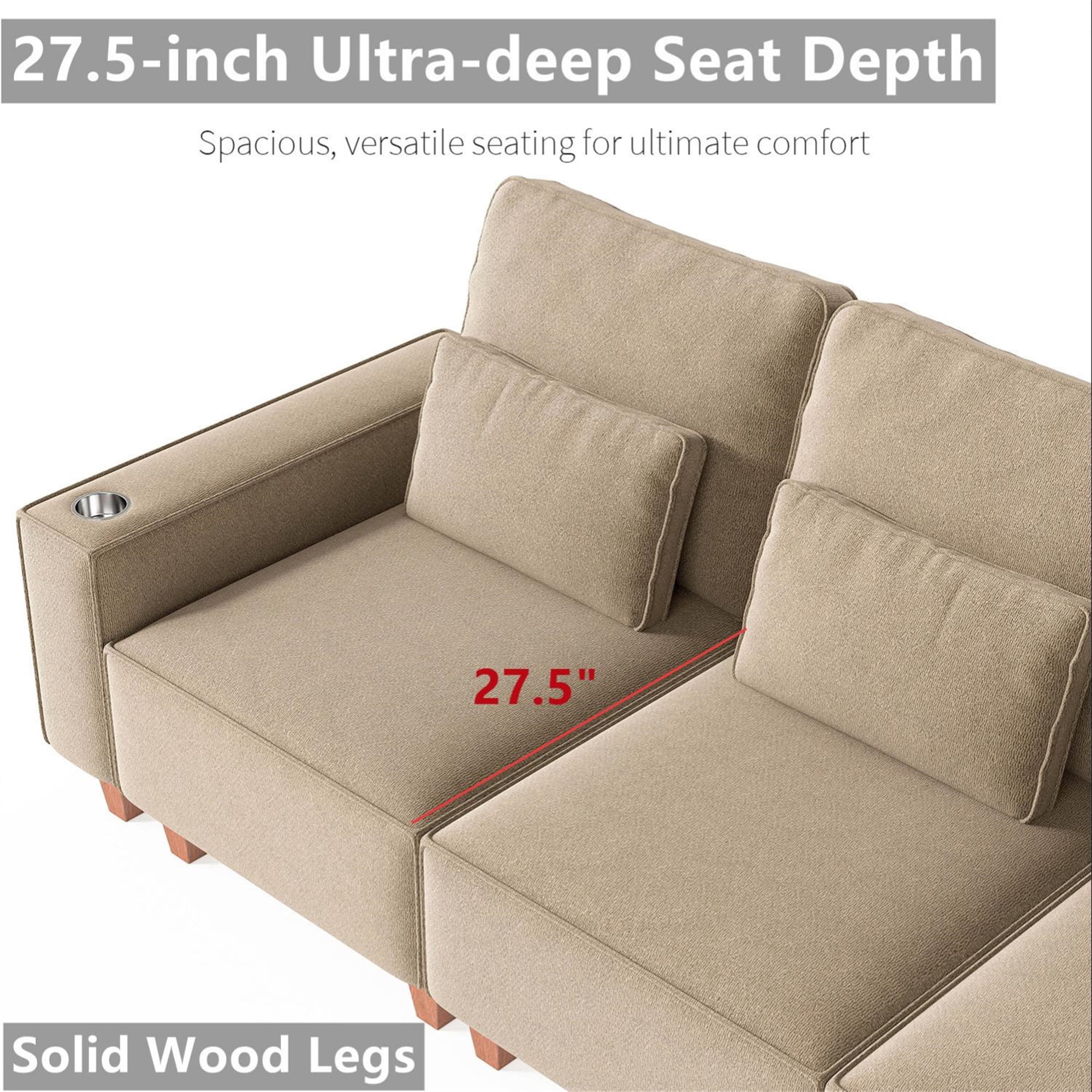 Aukfa 3 Piece Sofa Set - 71" Deep Seat Couch Loveseat Couch with Cup Holders&Pillows, Chenille, Khaki
