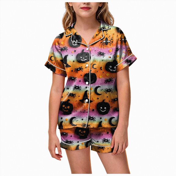 UAYOTSE Kids Girls Collared Button‑Front Satin Pjs, Short‑Sleeve Top and Sleep Shorts, Wearable Sleep Set for At‑Home Play and Overnight Stays Size 10-11 Years
