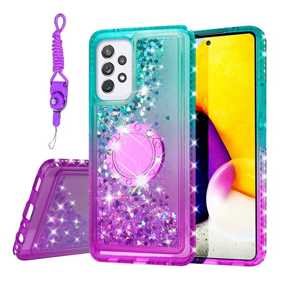 SOGA Quicksand Cover Cute Girl Phone Case Compatible for Samsung Galaxy A33 5G Case, with Diamond Ring for Magnetic Car Mounts and Lanyard - Purple / Teal