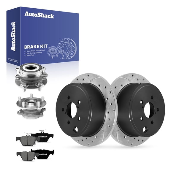 AutoShack Rear Solid Drilled & Slotted E-Coated Brake Rotors   Premium Ceramic Pads   Hub Bearing Assembly 8-PC Brake Kit Replacement for 2019-2021 Subaru Crosstrek ShadowGuard 10.78" (273.8 mm)