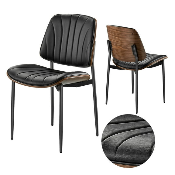 VEVOR Modern Dining Room Accent Chairs Set of 2, Upholstered Leather Side Chair for Dining Tables, Space-Saving Kitchen Table Chair with Thick Cushions and Metal Legs, Black