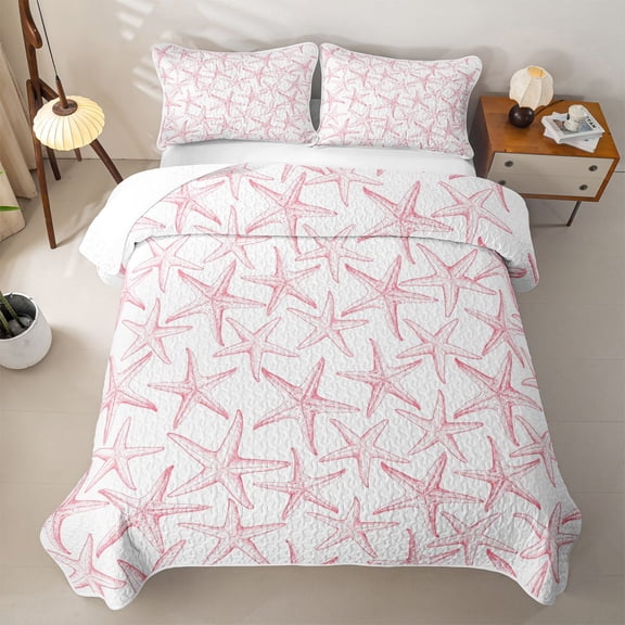 Manfei Watercolor Pink Starfish Twin Quilt Set for Women Girls, Kawaii Ocean Wildlife Twin Coverlet Set, 2pcs