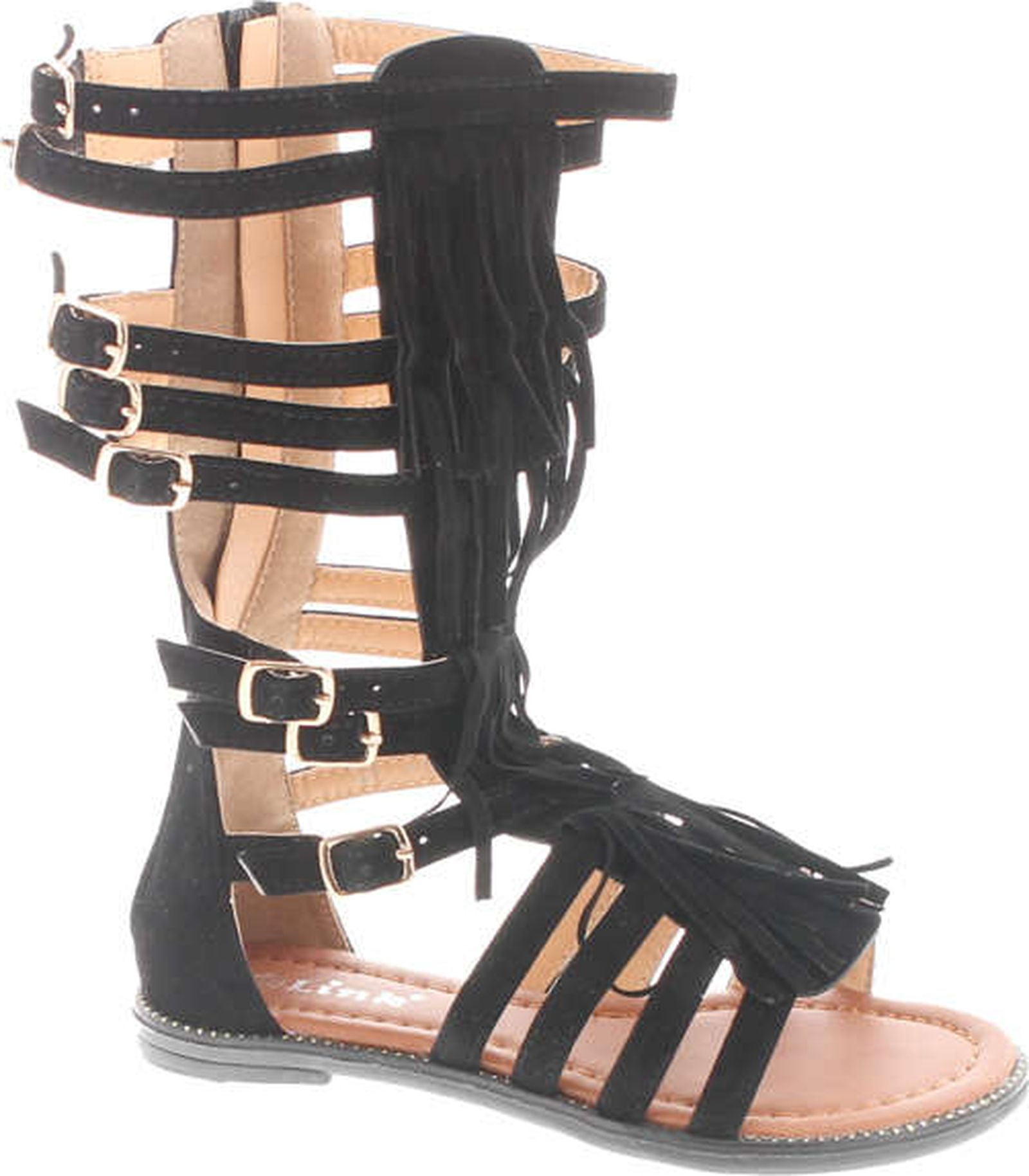 Black Color Lace Tie Fringe Style Kids Girls Gladiators Sandals Youth Size 13 