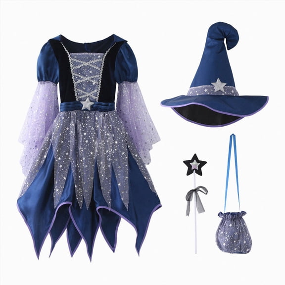 NOLDARES 4 Piece Girls Witch Halloween Set Sequin Tulle Witch Dress with Wizard Hat Candy Bag Kids Dress Up Performance Sets(Blue,8-10 Years )