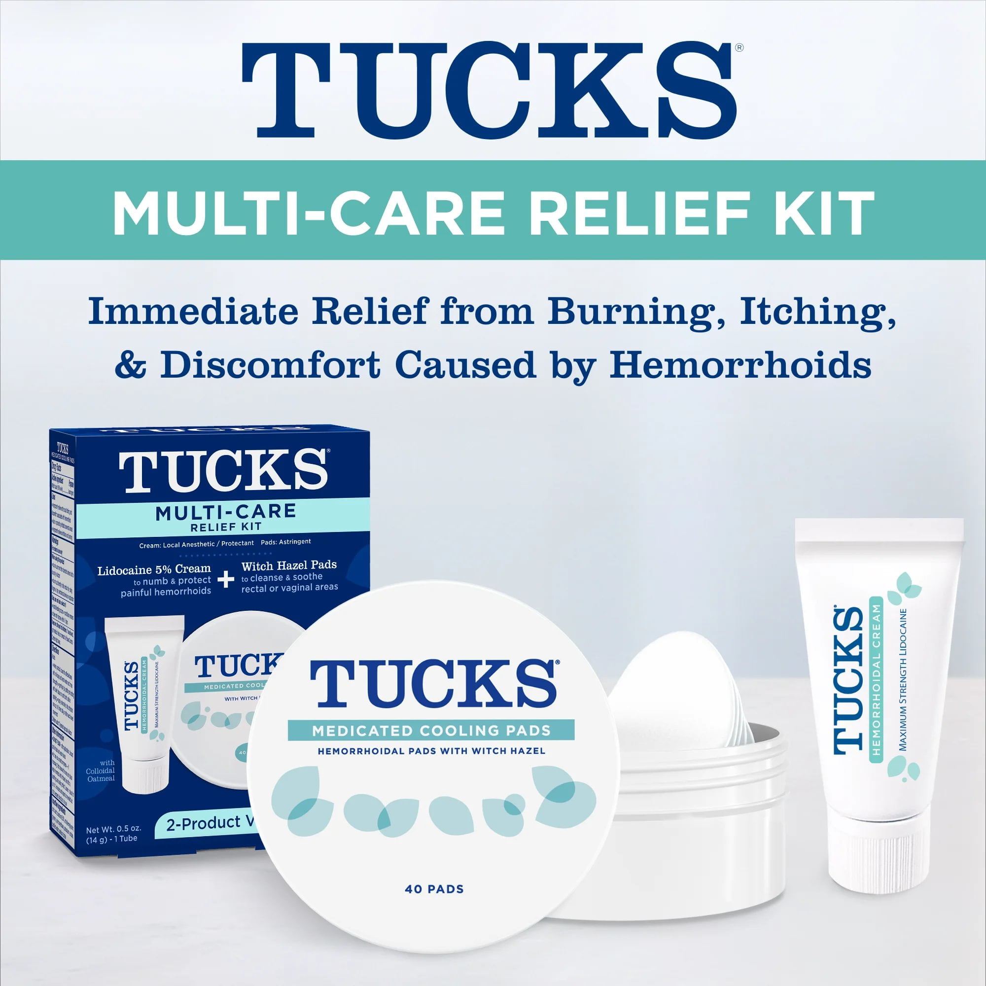 TUCKS Hemorrhoid Relief Kit with Lidocaine Cream and Witch Hazel Pads, 40 Count
