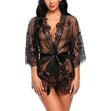 

Sinhoon Women Kimono Robe Floral Lace Babydoll Lingerie Sheer Mesh Nightgown