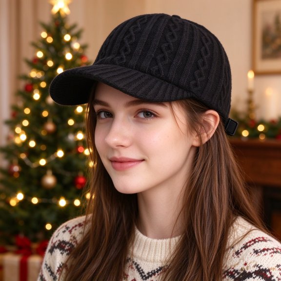VONCOS Women Cable Knit Baseball Cap for Women Thick Warm Fall Winter Knitted Hat with Adjustable Strap for Daily Outdoor Use