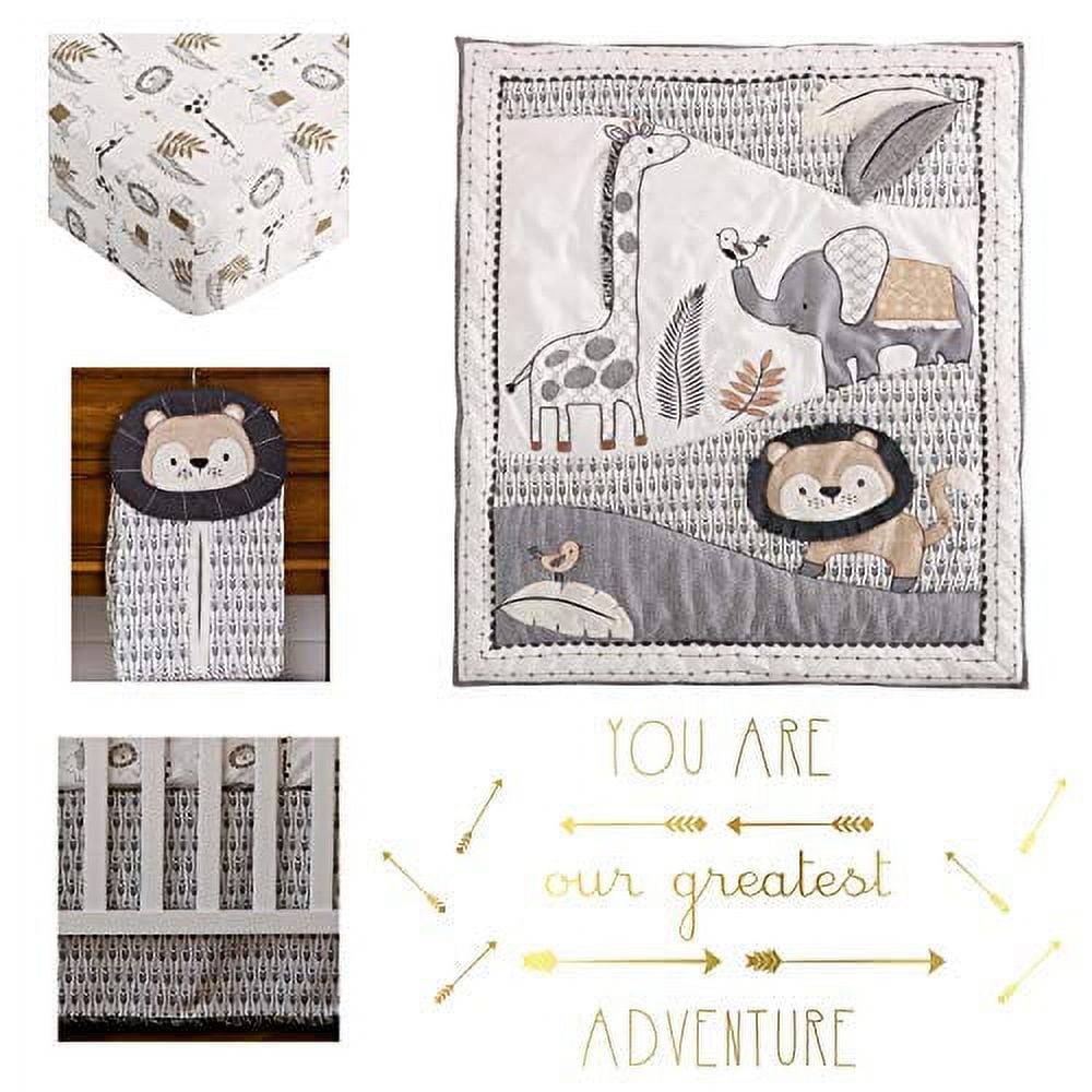 Levtex Baby - Tanzania Crib Set - Baby Nursery Set - Charcoal Cream Tan - Jungle - Giraffe Lion Elephant - 5 Piece Set Includes Quilt, Fitted Sheet, Diaper Stacker, Wall Decal & Bed Skirt/Dust Ruffle