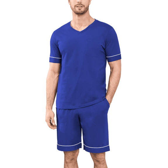 ANLIQI Mens 100% Cotton Pajamas Set Summer Short Sleeve Sleepwear Soft Shorts Pjs with Pockets 2 Piece Lounge Set Nightwear(Cobalt Blue,L)