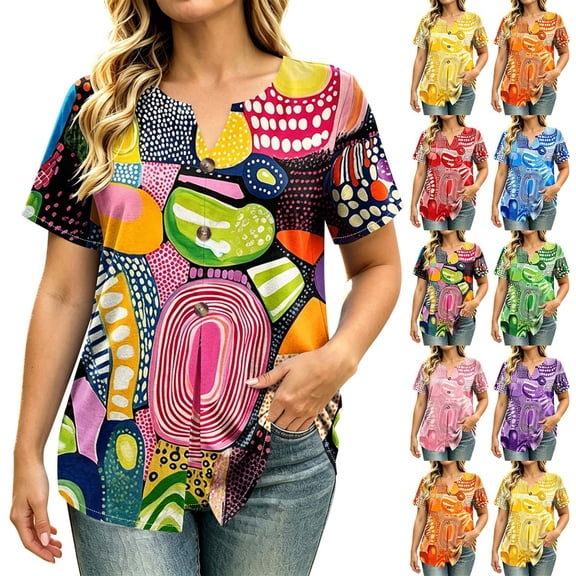 VBVC Women's Floral Print Henley Blouse , Ladies' V-Neck Short Sleeve Summer Top , Boho Tropical Vacation Shirts For Women,Black,S-3XL