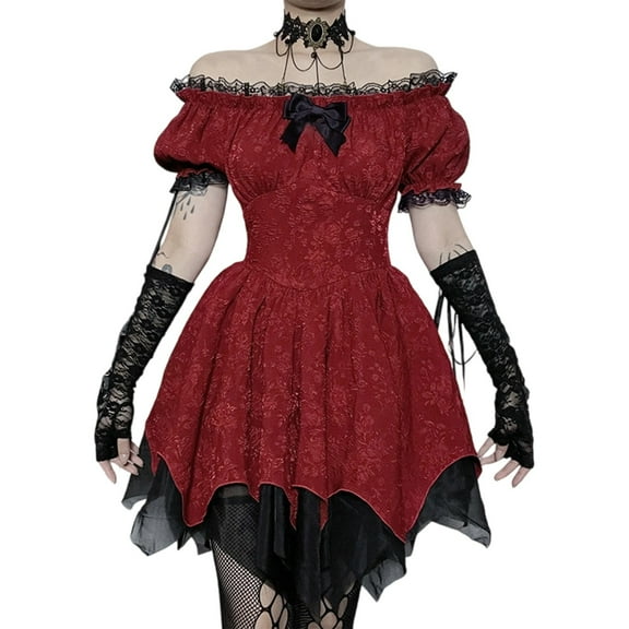 FYEGRE Elegant Off Shoulder Gothic Dress Gown Halloween Lace Up Corset Party Attire Gown Red M