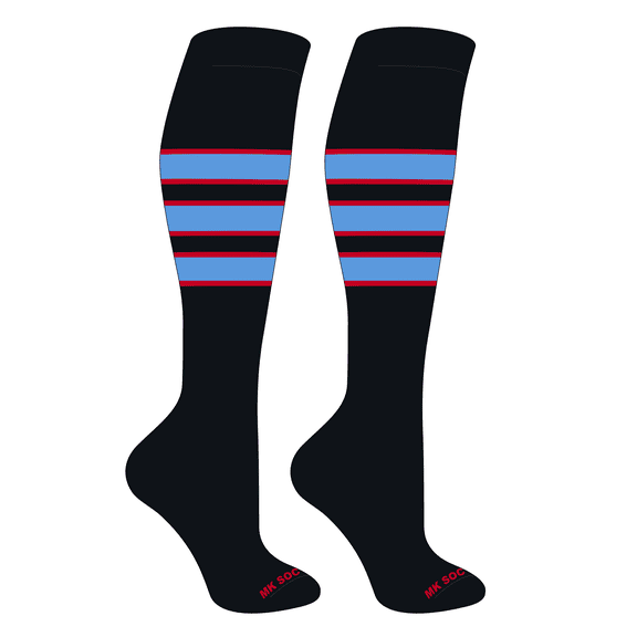 MK Socks Striped OTC Baseball, Softball, Football Socks (C) Black, Red, Columbia Blue (XS)