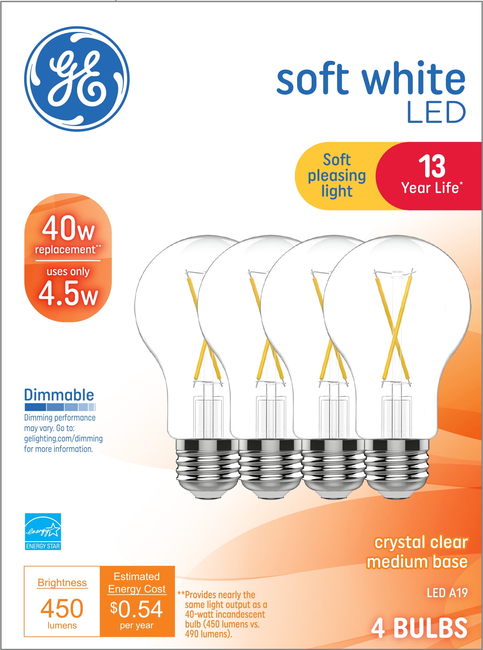GE Soft White LED Light Bulbs, 40 Watt Eqv, A19 General Purpose, 13 year, 4pk
