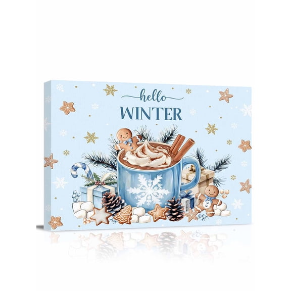 Christmas Coffee Canvas Print Wall Art Xmas Gingerbread Man Biscuits Candy Winter Snowflakes Blue Pictures Painting Morden Artwork for Living Room Bedroom, Ready to Hang - 12"x16"