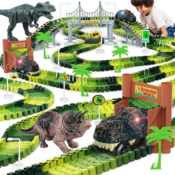 Juguetes de dinosaurios, crea una carrera mundial de dinosaurios, juego de pista flexible y 2 piezas de auto de dinosaurio genial para niños de 3, 4, 5, 6 años y más, el mejor regalo