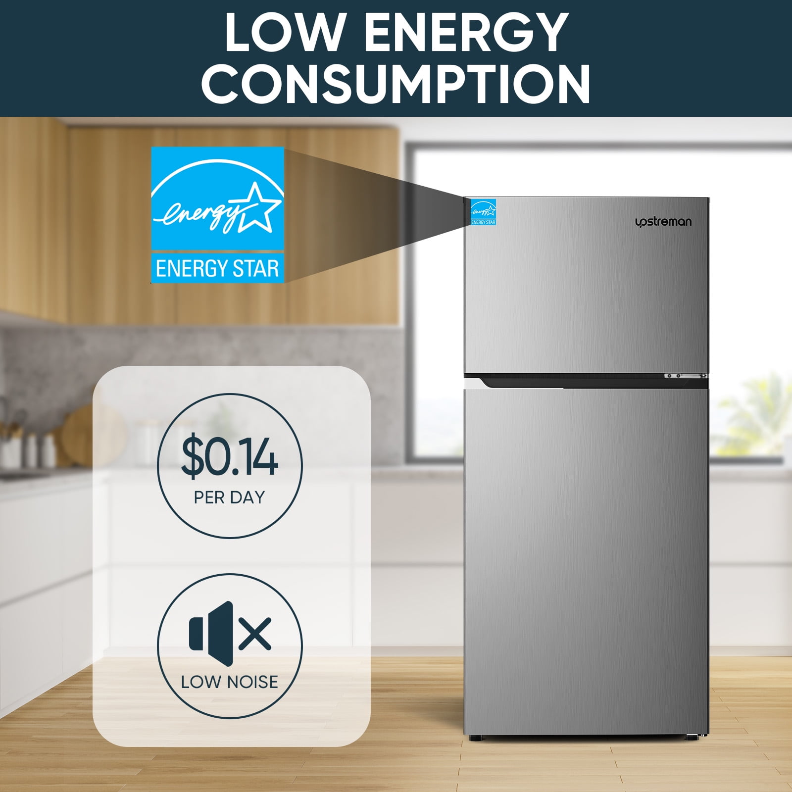 Upstreman 17.6 Cu.Ft. Top Freezer Refrigerator, Stainless Steel Fridge Freezer Double Door Refrigerator with Adjustable Thermostat Control, Fingerprint Resistant, Auto Defrost, Reversible Door, BD176