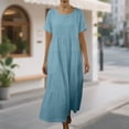 thumbnail image 2 of FRSASU Robe en Coton et Lin Femme à Manches Courtes Col Rond Robe Maxi Bohème Décontractée Été Modeste Longue Fluide Plage Vacances Robes Bleu Clair m(m), 2 of 5