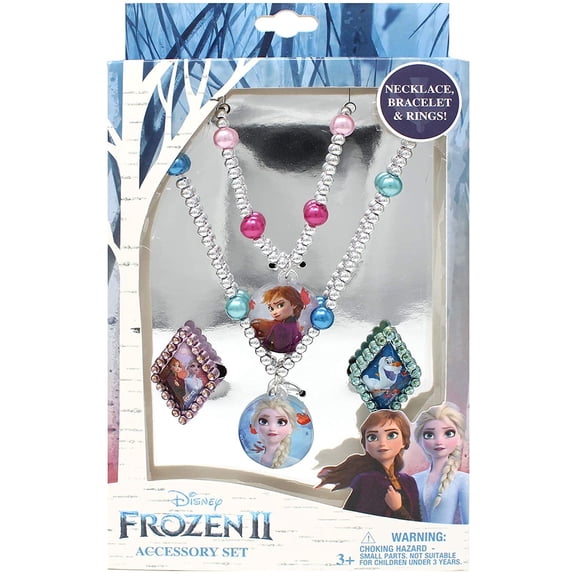 Luv Her Frozen 2 Girls 4 Piece Costume Toy Jewelry Box Set with Silver Rings, Bead Bracelet and Necklace