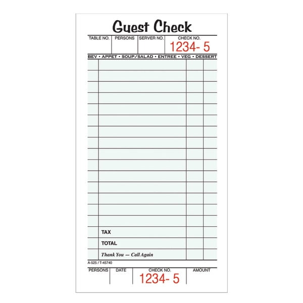 Adams 1Part Guest Check Books, 3 2/5" x 6 3/4", 10 Pads Of 50 Sheets