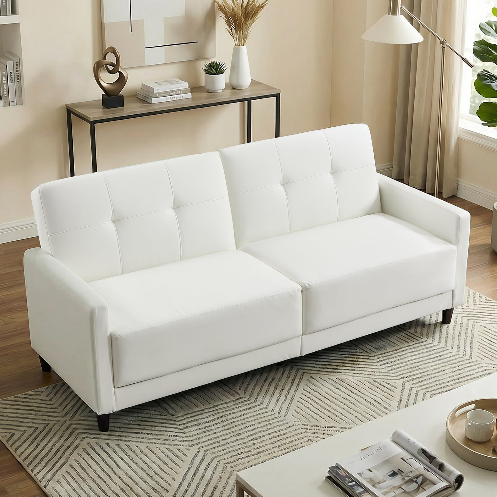 Ebello 76" Convertible Futon Sofa Bed, Mid Century Modern Faux Leather Loveseat Sofa Couch with Adjustable Backrest for Living Room & Office, White