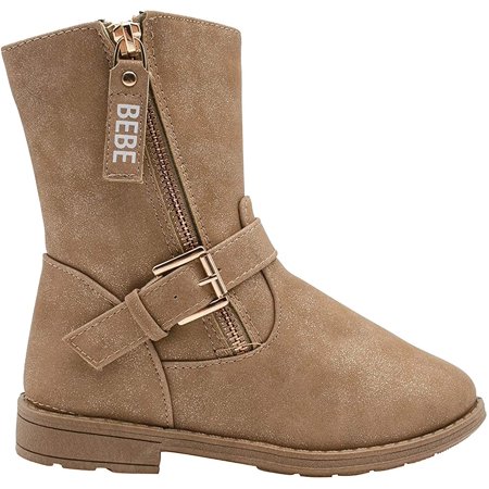 bebe Girls’ Big Kid Slip On Mid High Moto Boots with Buckle Straps and Gold Zipper, Tan, Size 13