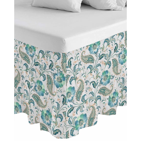 Teal Paisley Floral Wrap Around Bed Skirts for King Bed 18" Drop, Bed Skirt with Adjustable Elastic Belt Dust Ruffle Bed Valance for Bedroom Hotel Luxury Boho Ethnic Tribe Traditional Bed Frame Cover