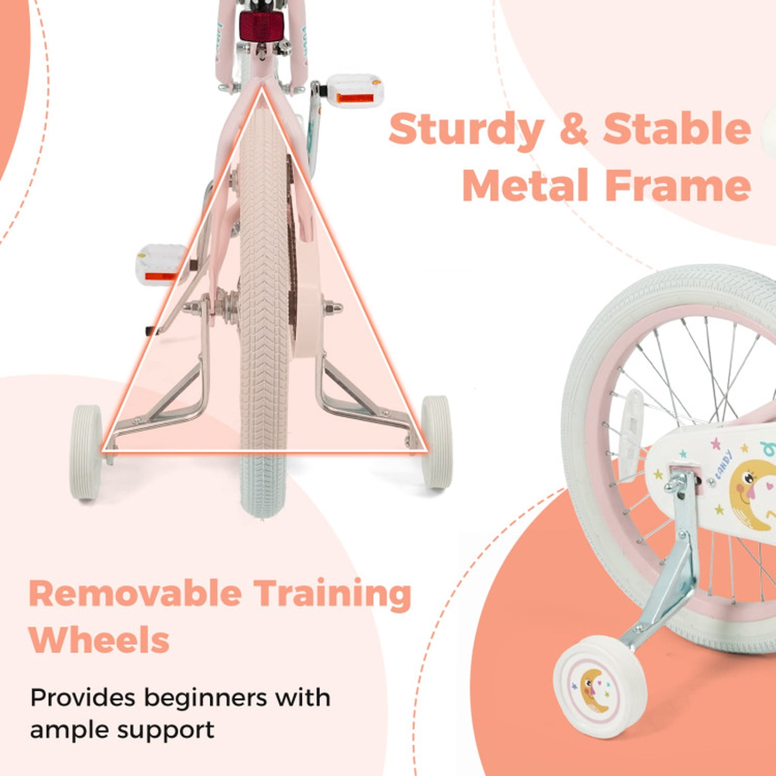 Redsmile Kids Bike 12 Inch for Boys Girls Ages 3-8, Adjustable Toddler Bicycle with Training Wheels and Stars & Moon Design, Height-Adjustable Seat, 110 lb Capacity, Pink