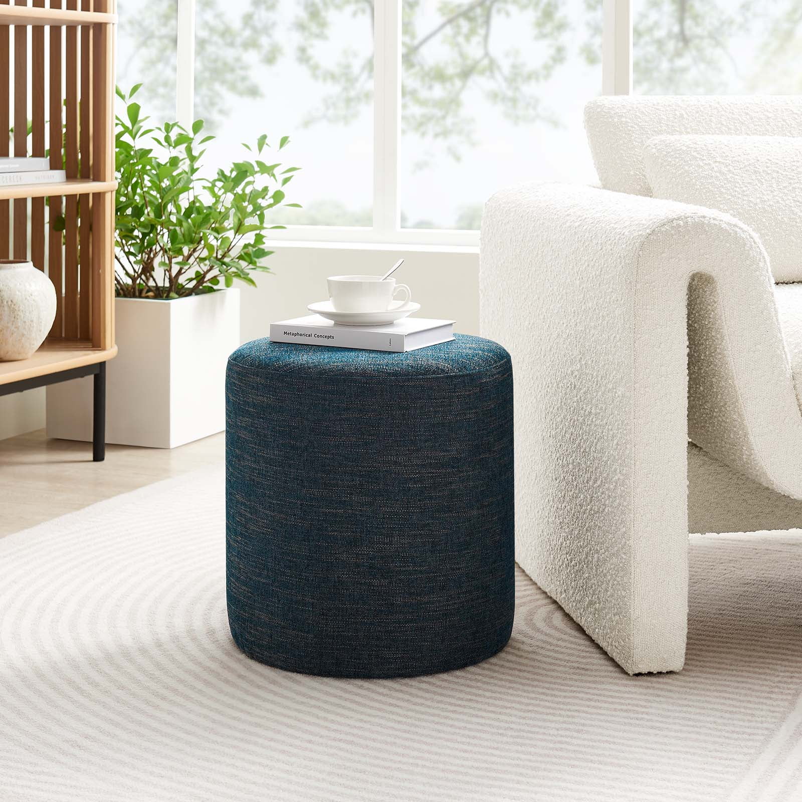 Callum 16" Round Woven Heathered Fabric Ottoman in Heathered Weave Azure