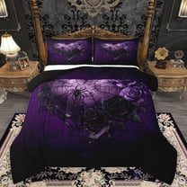 Homewish Gothic Purple Rose 3 Pieces Queen Comforter Set For Teens Adults,Flowers Love Heart Ultra Soft Bedding Sets,Black Spider Web Bedding Comforter Set,Exotic Style Bedroom Decor,Reversible