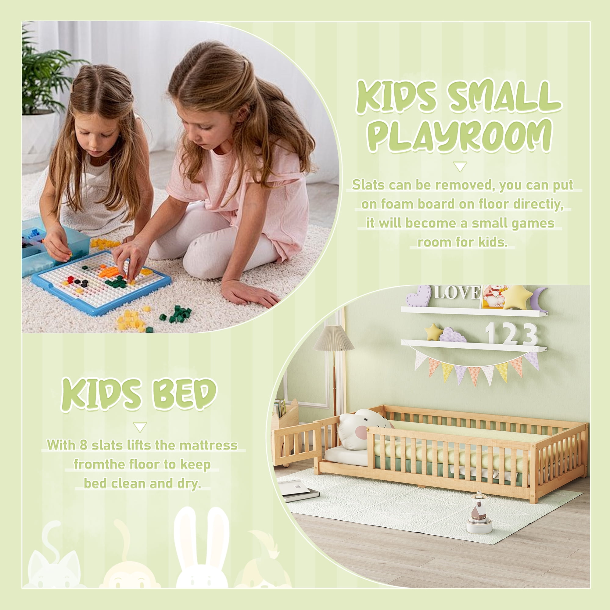 Twin Floor Bed, Wood Twin Size Montessori Bed with Rails, Twin Bed Frame with Slats, No Box Spring Needed,Natural