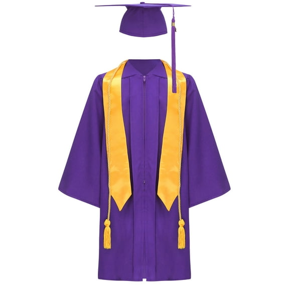 Miutii Unisex Teens School Graduation Gown Set V-neck Long Sleeve Zip Robe with Hat Stole and Tassel Purple 8-9
