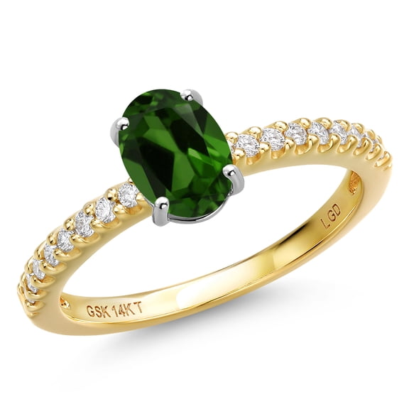 Gem Stone King 14K Two Tone Gold Green Chrome Diopside and Lab Grown Diamond Engagement Ring for Women | 0.86 Cttw | Oval 7X5MM | Gemstone Birthstone | Size 6