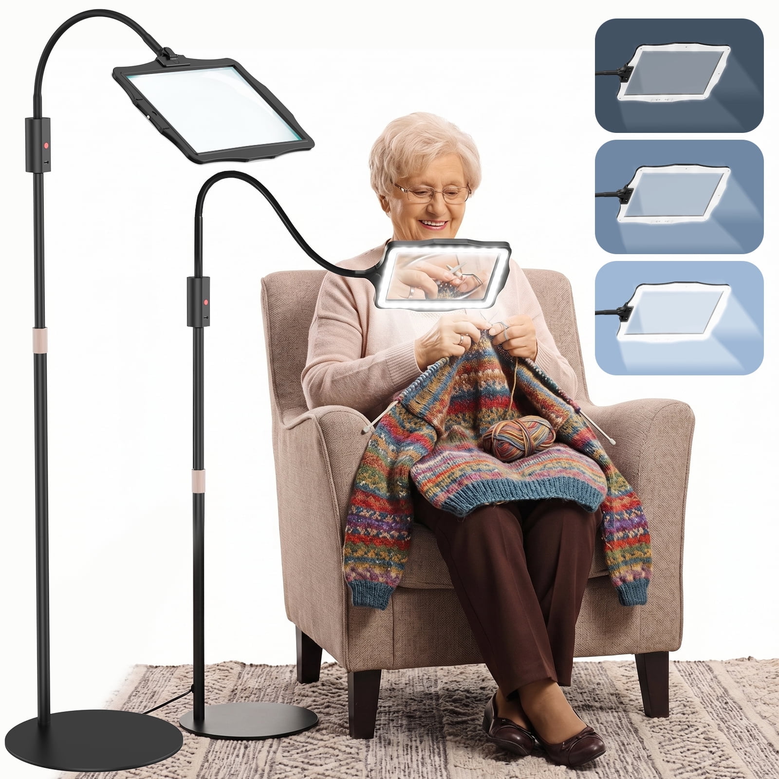 BEBANG Extra Large Floor Magnifying Glass with Light, Rechargeable Dimmable Floor Lamp, 360° Flexible Gooseneck, Hands-Free Floor Magnifying Lamp for Close Work Reading Sewing Crafts Painting