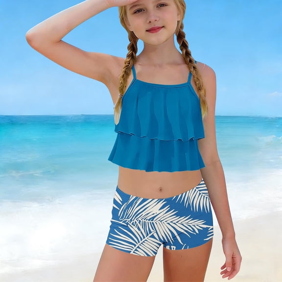 hengsof Girls Swimsuit 2 Piece Tankini with Shorts Tiered Ruffle Straps Swimwear Beach Vacation Beach Swimsuit Suit 6-15Y