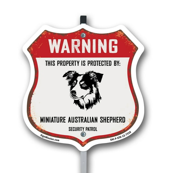 Warning This Property is Protected by Miniature Australian Shepherd 12 inch X 12 inch Shield Shaped Rust-Free Aluminum Metal Sign with Aluminum Mounting Stake Weather Resistant Made in