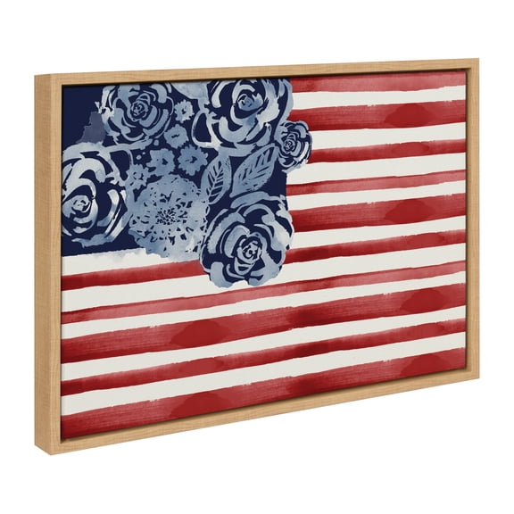 Kate and Laurel Sylvie Floral Flag Framed Canvas Wall Art by Sara Berrenson, 18 x 24, Natural, Chic Floral American Flag Art Wall Décor