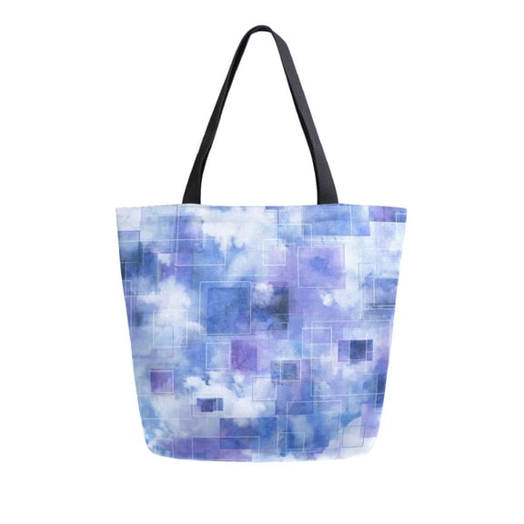 Open Top Canvas Tote Bag with Zipper Reusable Shopping Bag 13.5x15" Roomy Carryall Blue Squares and Shapes
