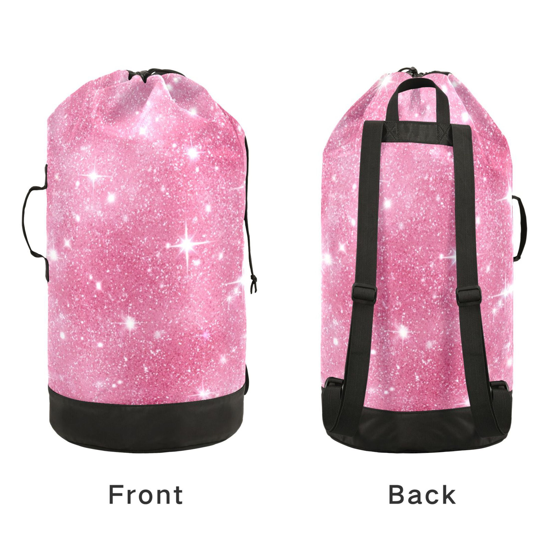 14.5x29.3in Laundry Backpack Bag with Drawstring & Adjustable Straps Heavy-Duty Wash Bag for Travel Storage Camping Pink Glitter Background