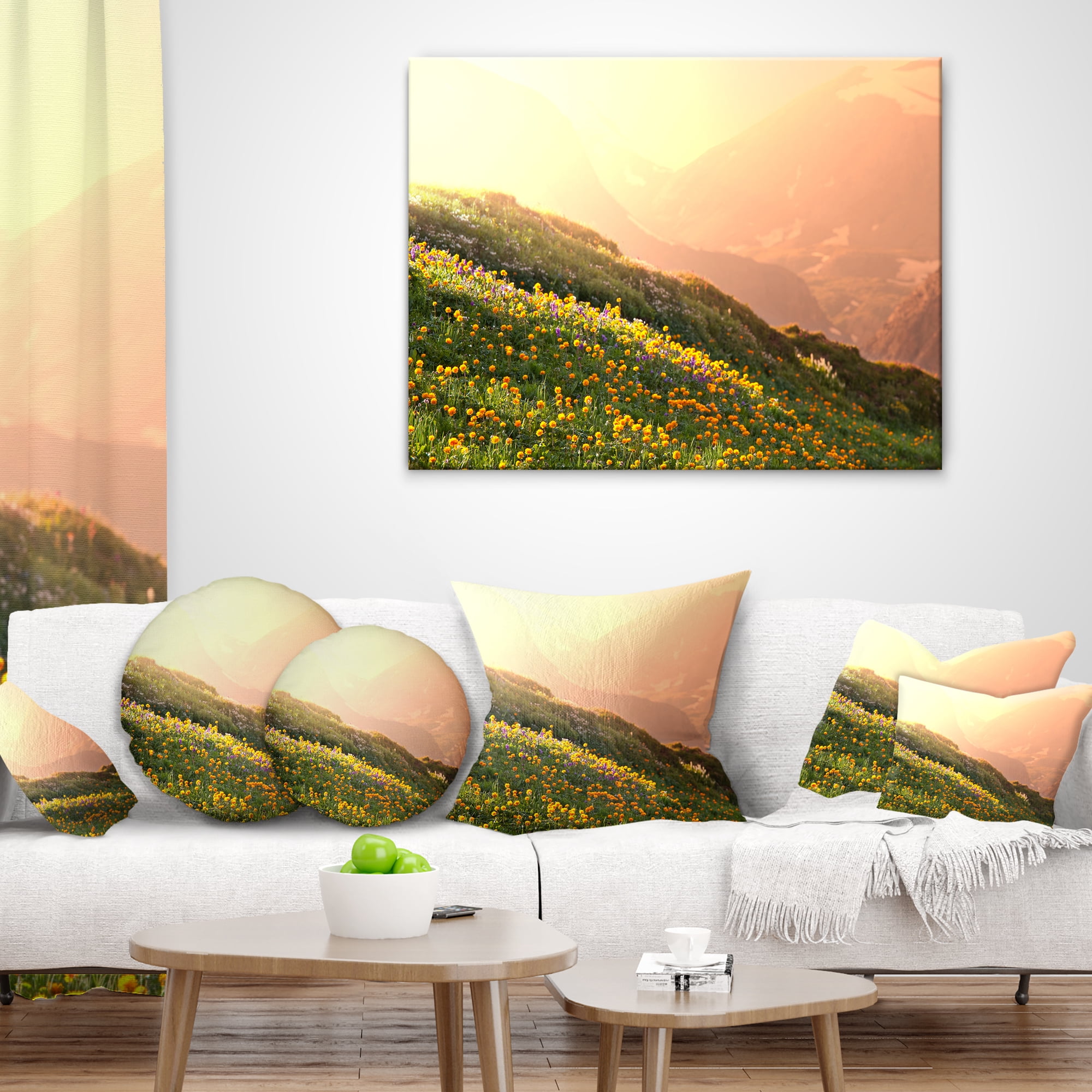 Designart Flowering Mountain Meadow View - Landscape Printed Throw Pillow - 12x20