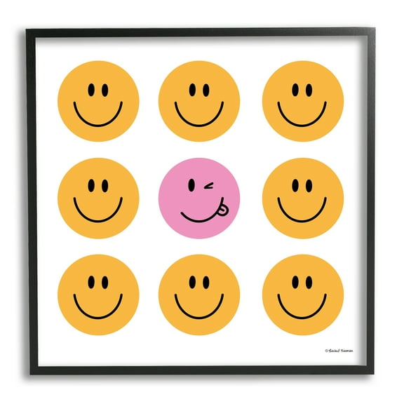Stupell Industries Pink & Yellow Smiley Faces Art for Kids Painting Black Framed Art Print Wall Art, 12 x 12