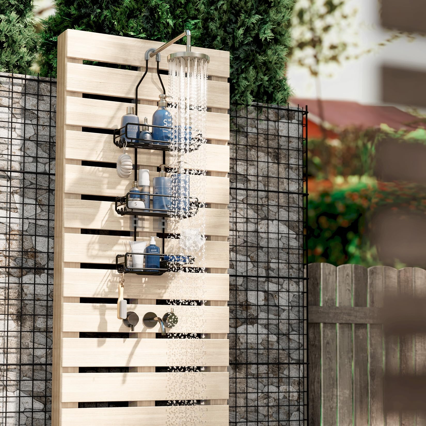 VANCORE Shower Caddy Hanging over Shower Head - Bathroom Shower Organizer Adjustable Rack for Tall Showerhead - Extra Large Storage Shelf for Big Shampoo Bottles with Soap Razor Holder