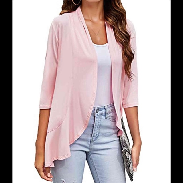 Cárdigan Abierto para Mujer, 3/4, Tejido Suave Drapeado, Rosa, Talla XL