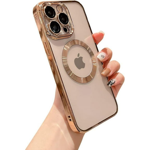 for iPhone 12 Pro Max Case Magnetic Clear with Camera Lens Protector Full Protection MagSafe Electroplated Silicone Dust-Proof Net Shockproof Protective Case Cover 6.7 Inch - Gold