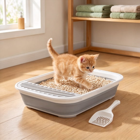 Foldable Cat Litter Box with Scoop, Collapsible Travel Toilet for Small Cats, Low Entry Anti-Splash Pan, Gray, 17.7 x 13.4 x 5 in