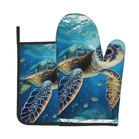 

Tebeau Watercolor Turtle Print Oven Mitts and Pan Racks 2-Piece Set Kitchen Oven Mitts and Pan Racks Heat Resistant 500 °F for Baking and Cooking