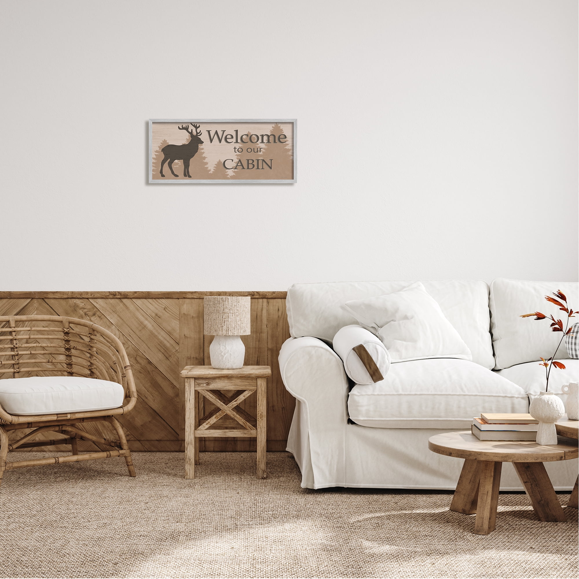 Stupell Welcome To Our Cabin Deer Sign Animals & Insects Painting Gray Framed Art Print Wall Art