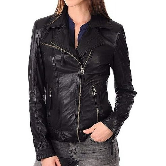 Women's Genuine Black Lambskin Leather Jacket Motorcycle Slim fit Biker Jacket W531