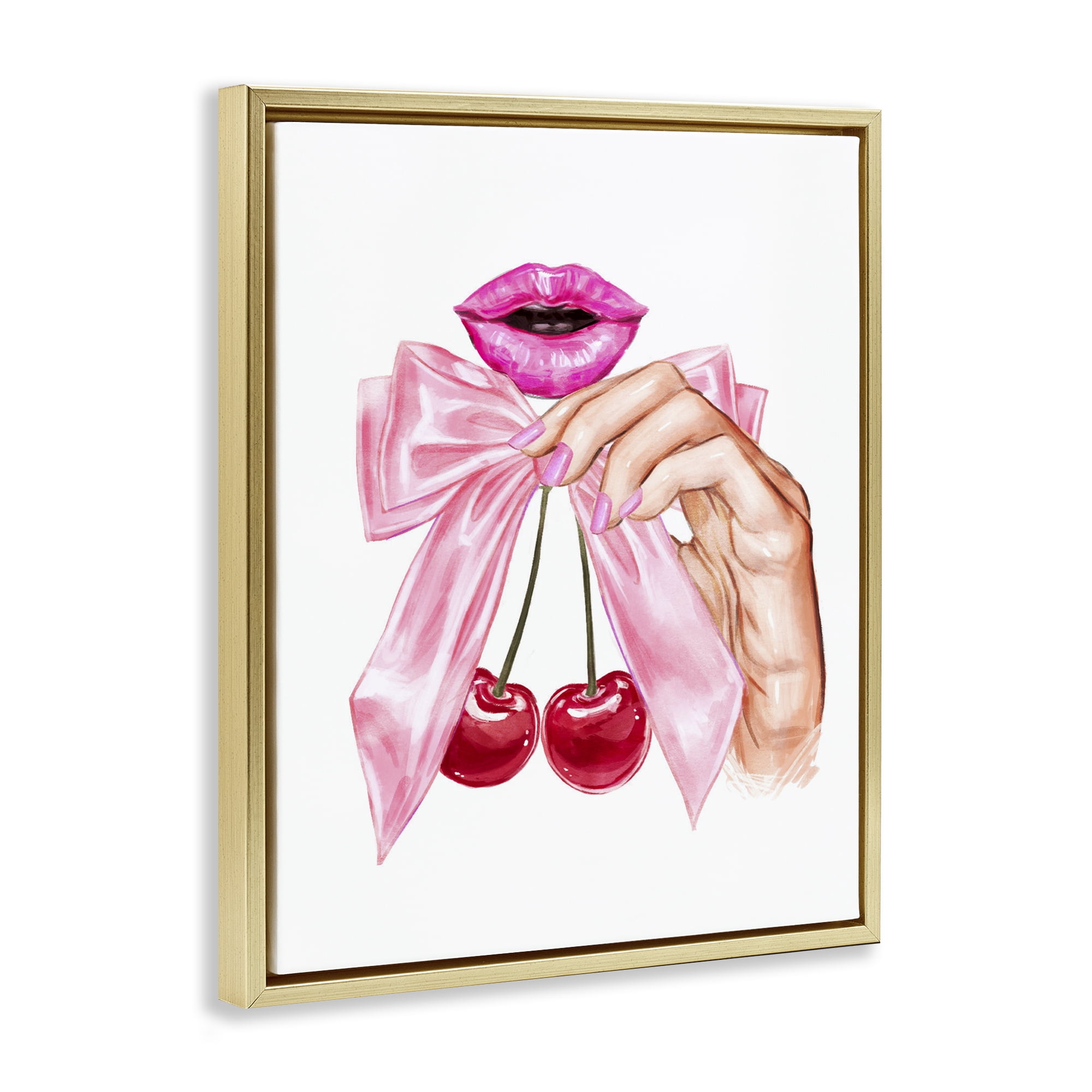 Stupell Industries Lips & Feminine Cherries Gold Framed Floater Canvas Wall Art, design by Ziwei Li