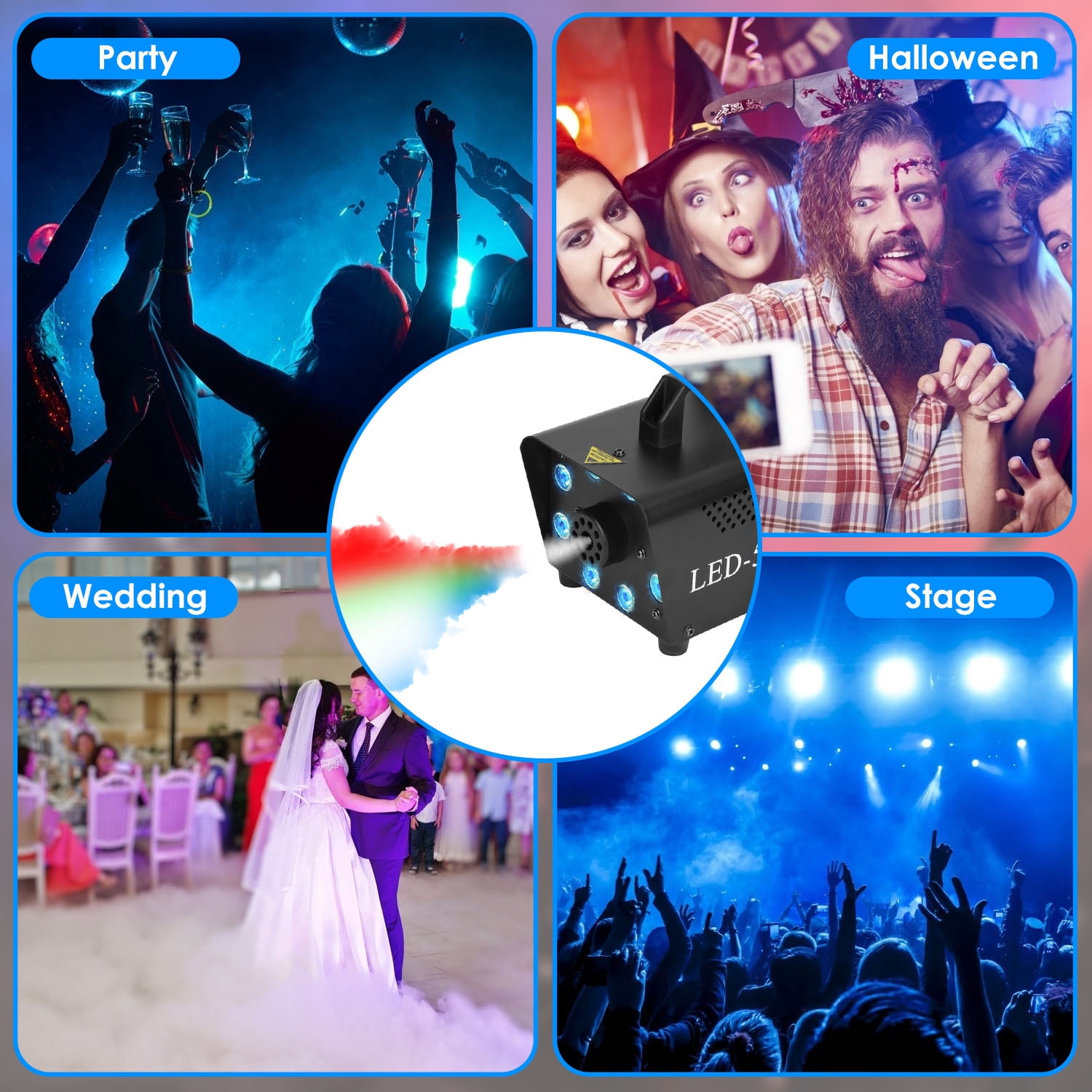 Fog Machine 2000CFM Colorful Smoke Machine with 8Pcs LEDs 5 Lighting Effects 3-Level Brightness
