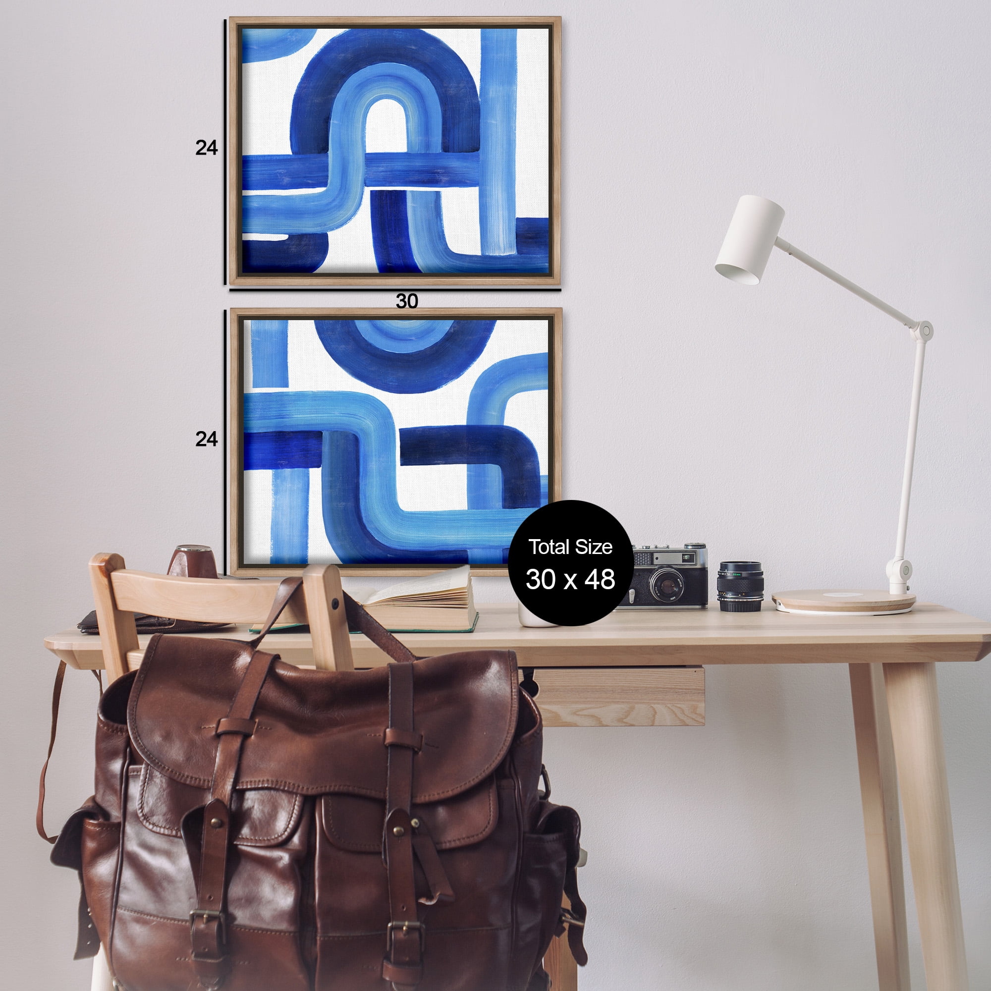Stupell Industries Woven Blue Geometric Lines Abstract Painting Brown Floater Framed Canvas Art Print Wall Art, 31 x 25, Set of 2